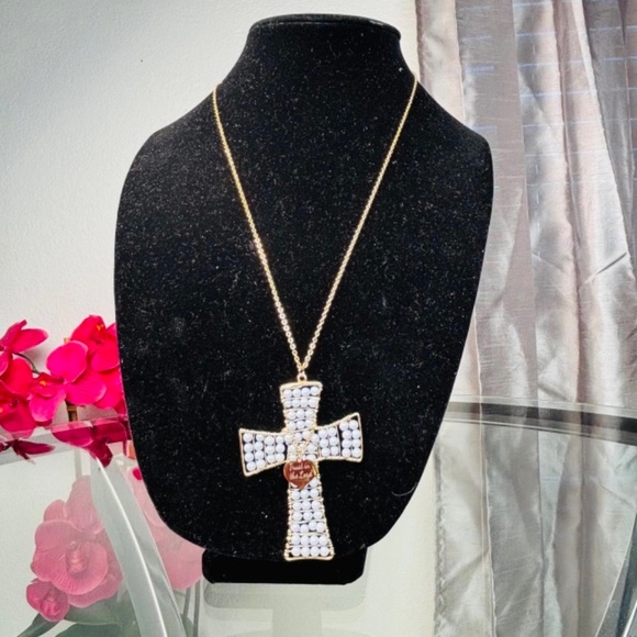 Handmade Swarovski Crystals Pearls Cross Long Necklace "Trust in the Lord" - Picture 2 of 2